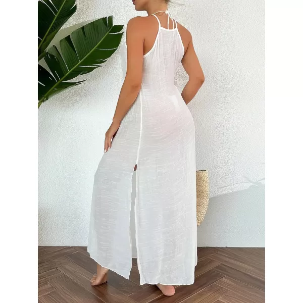 WDIRARA Women's Hollow Out Halter Slit Side Tie Back Long Bikini Cover Up Dress Sleeveless Loose Fit Coverups