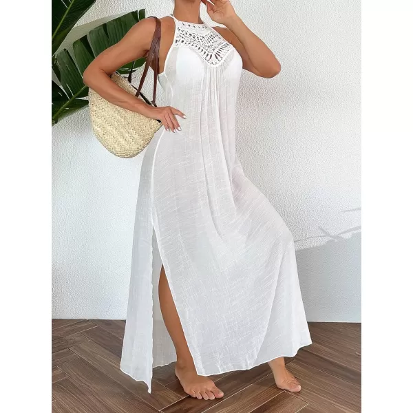WDIRARA Women's Hollow Out Halter Slit Side Tie Back Long Bikini Cover Up Dress Sleeveless Loose Fit Coverups