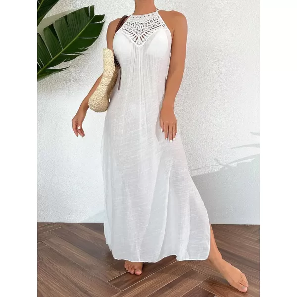 WDIRARA Women's Hollow Out Halter Slit Side Tie Back Long Bikini Cover Up Dress Sleeveless Loose Fit Coverups