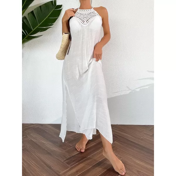 WDIRARA Women's Hollow Out Halter Slit Side Tie Back Long Bikini Cover Up Dress Sleeveless Loose Fit Coverups