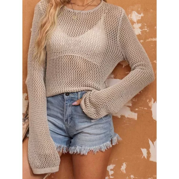 WDIRARA Women's Hollow Out Sheer Long Sleeve Round Neck Casual Pullover Knit Sweaters