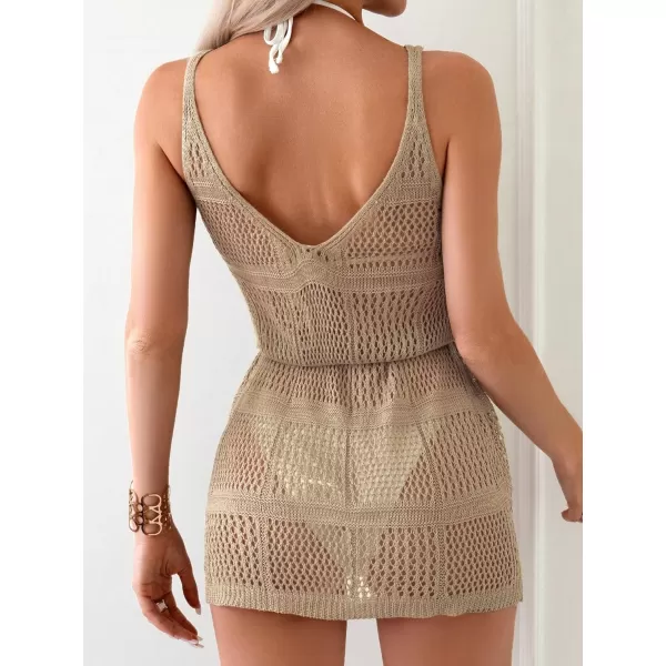 WDIRARA Women's Hollow Out Striped Cover Ups Swimwear Halter Backless Sleeveless Short Beach Dress