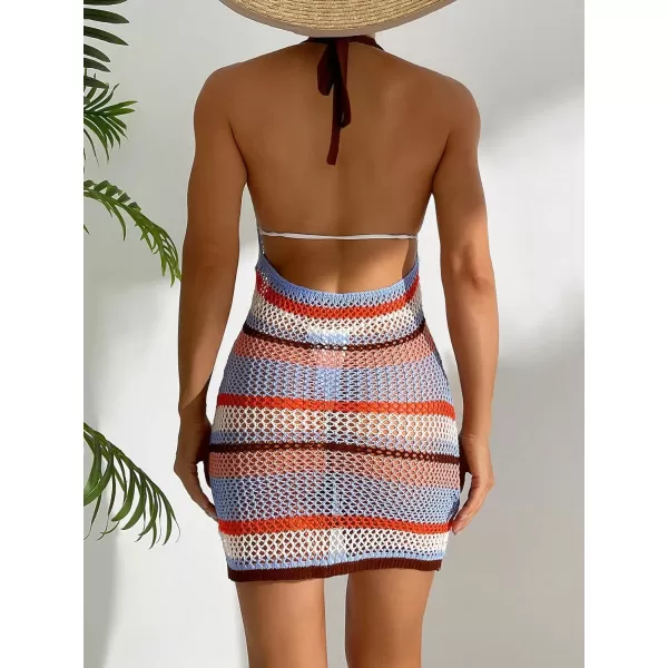 WDIRARA Women's Hollow Out Striped Cover Ups Swimwear Halter Backless Sleeveless Short Beach Dress