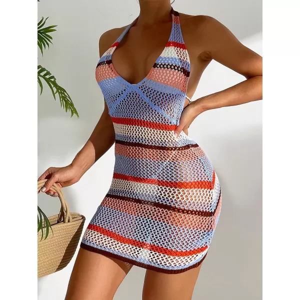 WDIRARA Women's Hollow Out Striped Cover Ups Swimwear Halter Backless Sleeveless Short Beach Dress