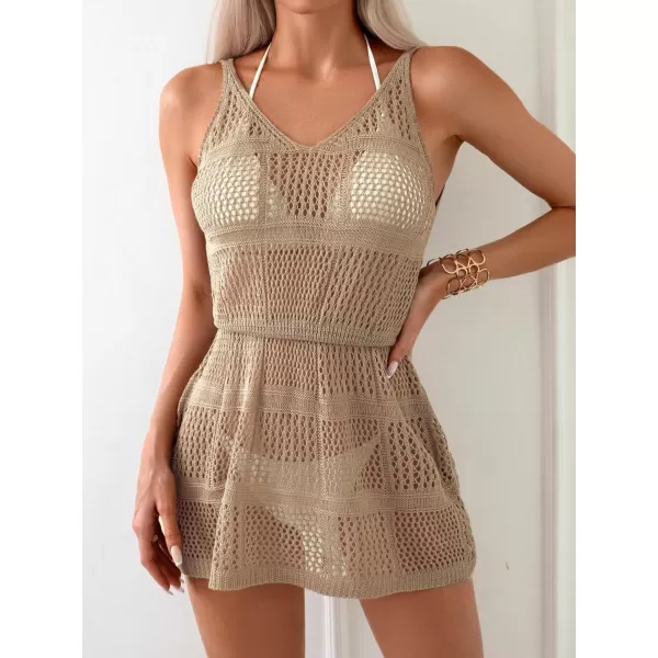 WDIRARA Women's Hollow Out Striped Cover Ups Swimwear Halter Backless Sleeveless Short Beach Dress