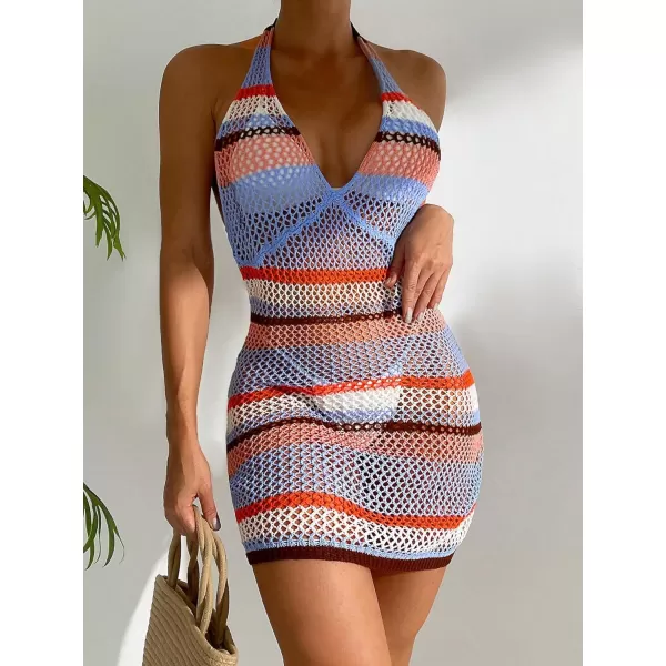 WDIRARA Women's Hollow Out Striped Cover Ups Swimwear Halter Backless Sleeveless Short Beach Dress