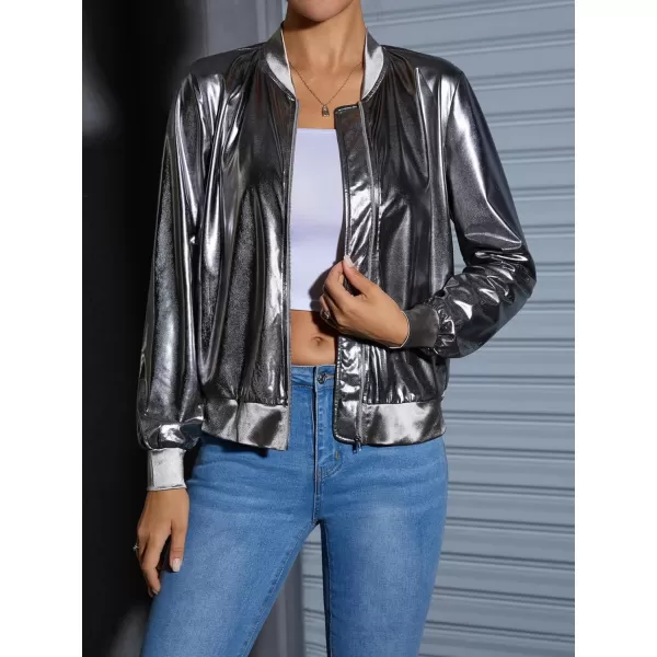 WDIRARA Women's Holographic Zipper Front Long Sleeve Baseball Bomber Jacket Outerwear