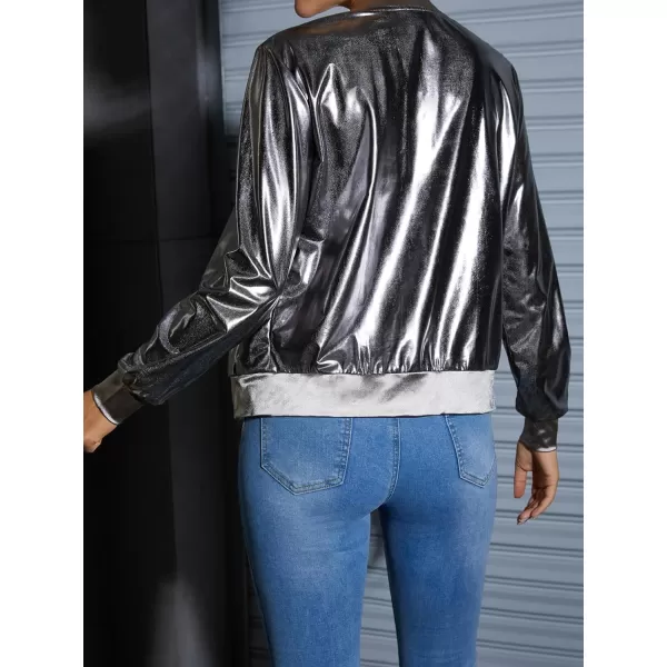 WDIRARA Women's Holographic Zipper Front Long Sleeve Baseball Bomber Jacket Outerwear