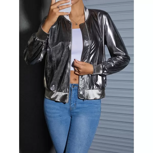 WDIRARA Women's Holographic Zipper Front Long Sleeve Baseball Bomber Jacket Outerwear