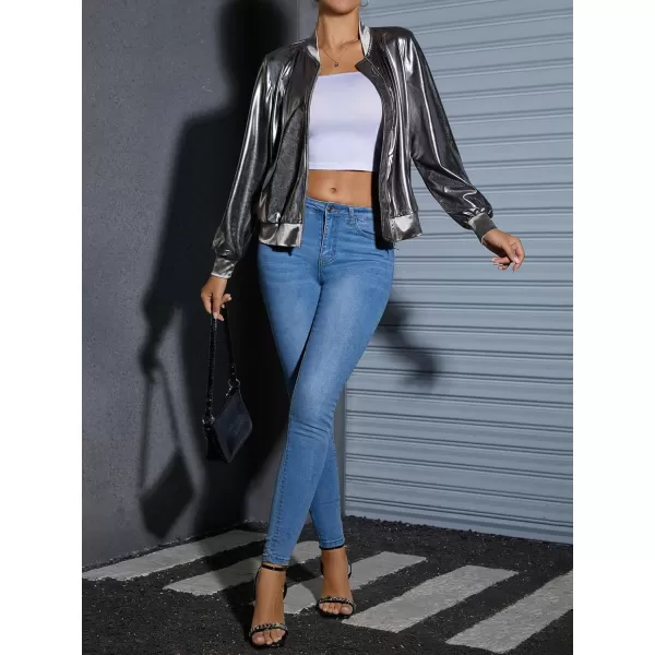 WDIRARA Women's Holographic Zipper Front Long Sleeve Baseball Bomber Jacket Outerwear