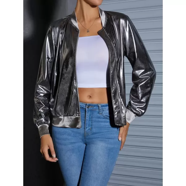 WDIRARA Women's Holographic Zipper Front Long Sleeve Baseball Bomber Jacket Outerwear