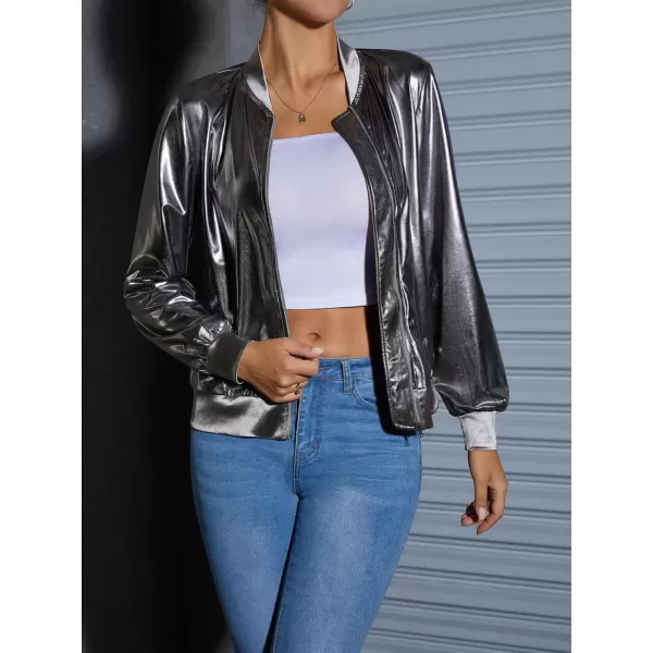 WDIRARA Women's Holographic Zipper Front Long Sleeve Baseball Bomber Jacket Outerwear