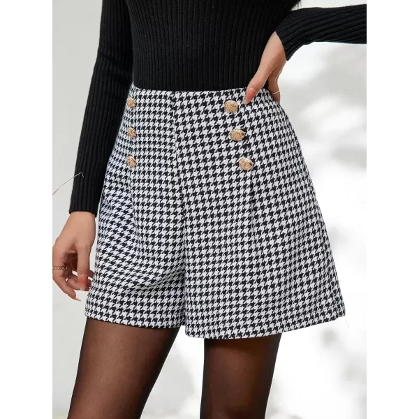 WDIRARA Women's Houndstooth High Waist Button Front Wide Leg Shorts Elegant Shorts