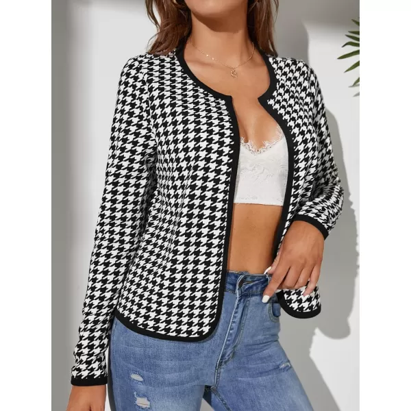 WDIRARA Women's Houndstooth Open Front Long Sleeve Plaid Work Office Elegant Jacket