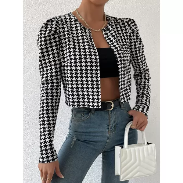 WDIRARA Women's Houndstooth Open Front Long Sleeve Plaid Work Office Elegant Jacket