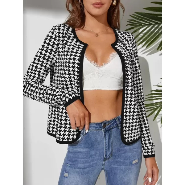 WDIRARA Women's Houndstooth Open Front Long Sleeve Plaid Work Office Elegant Jacket