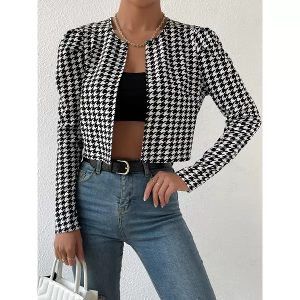 WDIRARA Women's Houndstooth Open Front Long Sleeve Plaid Work Office Elegant Jacket