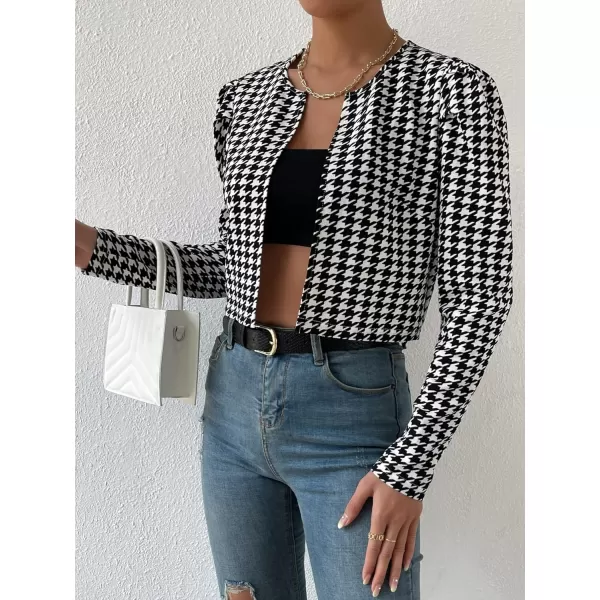 WDIRARA Women's Houndstooth Open Front Long Sleeve Plaid Work Office Elegant Jacket