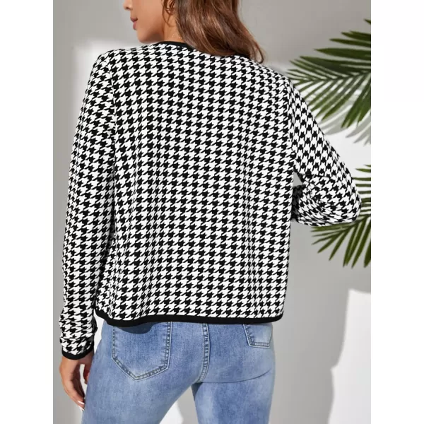 WDIRARA Women's Houndstooth Open Front Long Sleeve Plaid Work Office Elegant Jacket
