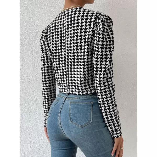 WDIRARA Women's Houndstooth Open Front Long Sleeve Plaid Work Office Elegant Jacket