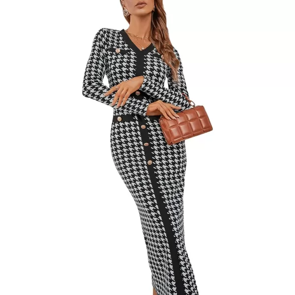 WDIRARA Women's Houndstooth Plaid V Neck Split Hem Belted Button Long Sleeve Bodycon Church Pencil Maxi Dress