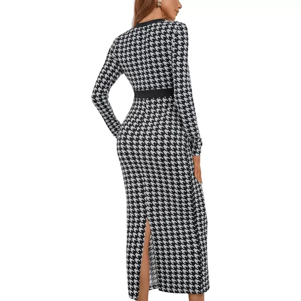 WDIRARA Women's Houndstooth Plaid V Neck Split Hem Belted Button Long Sleeve Bodycon Church Pencil Maxi Dress