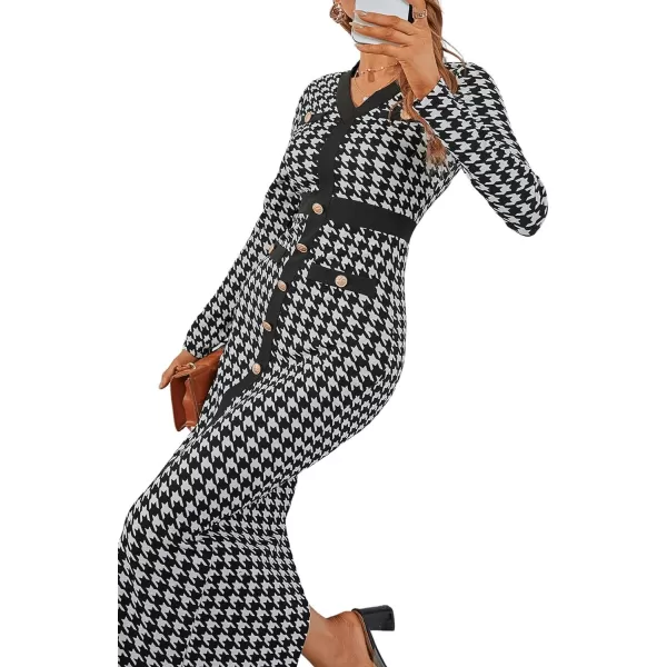 WDIRARA Women's Houndstooth Plaid V Neck Split Hem Belted Button Long Sleeve Bodycon Church Pencil Maxi Dress