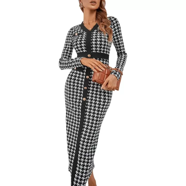 WDIRARA Women's Houndstooth Plaid V Neck Split Hem Belted Button Long Sleeve Bodycon Church Pencil Maxi Dress