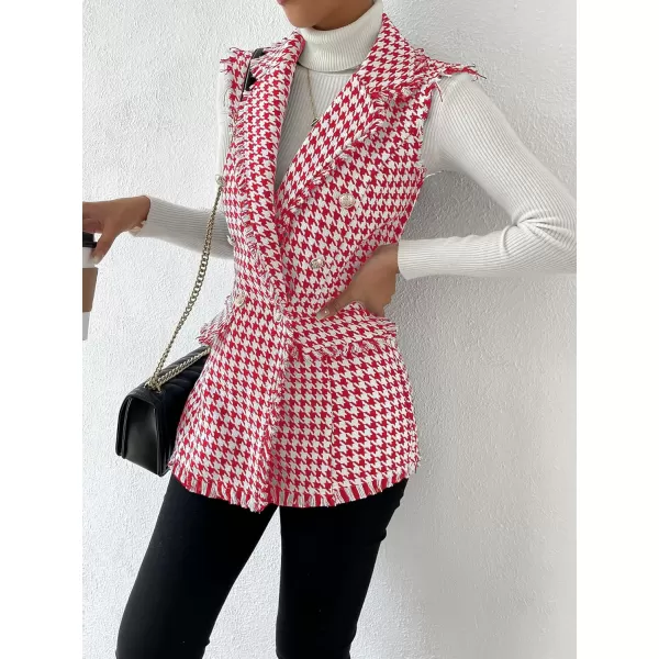 WDIRARA Women's Houndstooth Print Sleeveless Lapel Raw Trim Button Front Long Vest Jacket