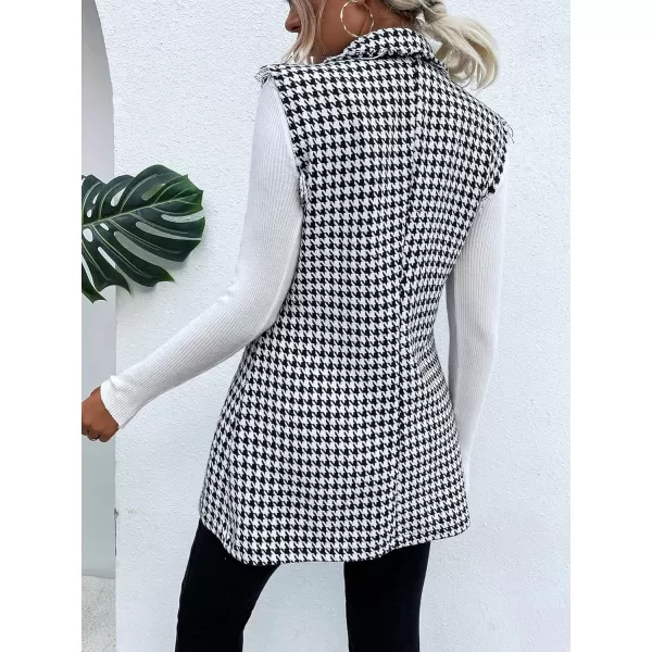 WDIRARA Women's Houndstooth Print Sleeveless Lapel Raw Trim Button Front Long Vest Jacket