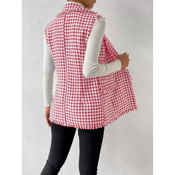 WDIRARA Women's Houndstooth Print Sleeveless Lapel Raw Trim Button Front Long Vest Jacket