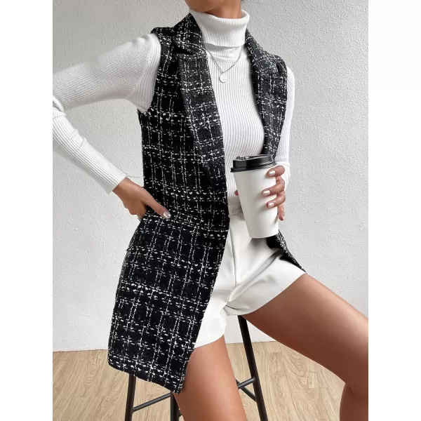 WDIRARA Women's Houndstooth Print Sleeveless Lapel Raw Trim Button Front Long Vest Jacket