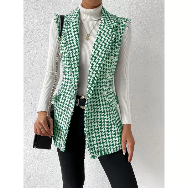 WDIRARA Women's Houndstooth Print Sleeveless Lapel Raw Trim Button Front Long Vest Jacket