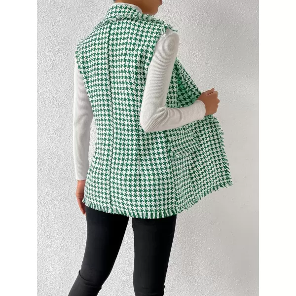 WDIRARA Women's Houndstooth Print Sleeveless Lapel Raw Trim Button Front Long Vest Jacket