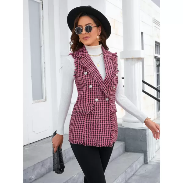 WDIRARA Women's Houndstooth Print Sleeveless Lapel Raw Trim Button Front Long Vest Jacket