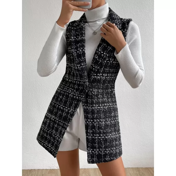 WDIRARA Women's Houndstooth Print Sleeveless Lapel Raw Trim Button Front Long Vest Jacket