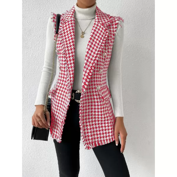 WDIRARA Women's Houndstooth Print Sleeveless Lapel Raw Trim Button Front Long Vest Jacket