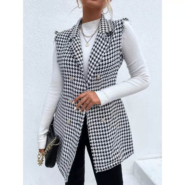 WDIRARA Women's Houndstooth Print Sleeveless Lapel Raw Trim Button Front Long Vest Jacket