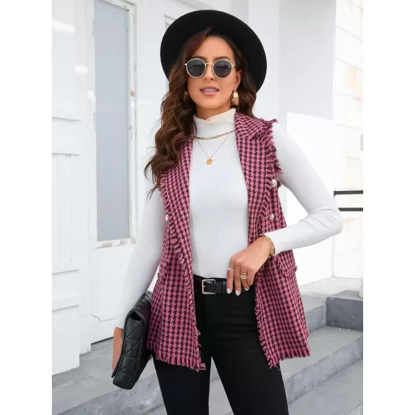 WDIRARA Women's Houndstooth Print Sleeveless Lapel Raw Trim Button Front Long Vest Jacket