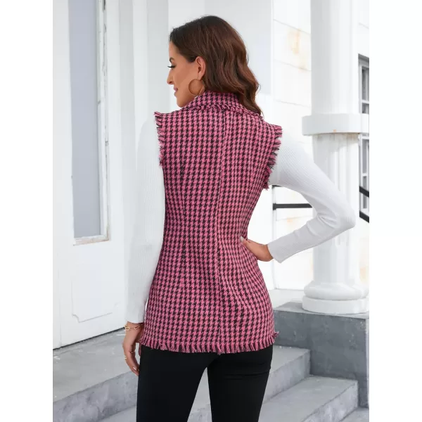 WDIRARA Women's Houndstooth Print Sleeveless Lapel Raw Trim Button Front Long Vest Jacket