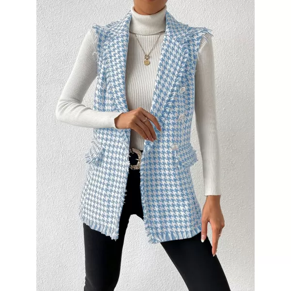 WDIRARA Women's Houndstooth Print Sleeveless Lapel Raw Trim Button Front Long Vest Jacket