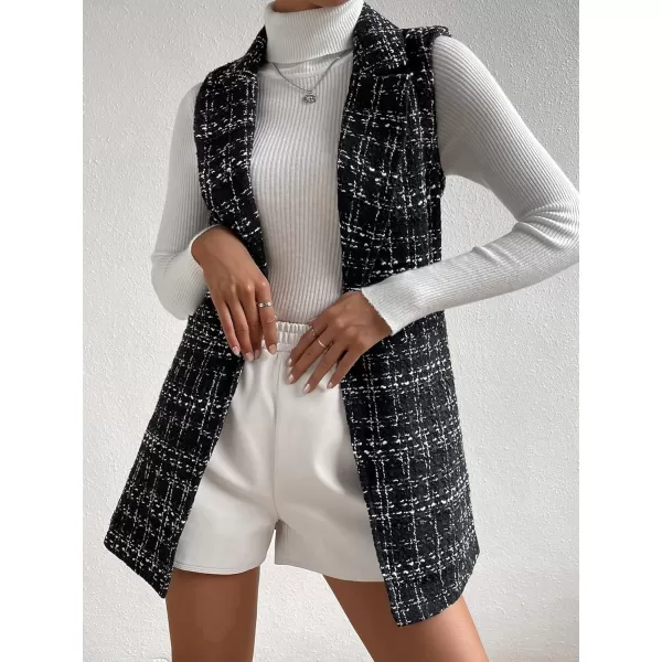 WDIRARA Women's Houndstooth Print Sleeveless Lapel Raw Trim Button Front Long Vest Jacket