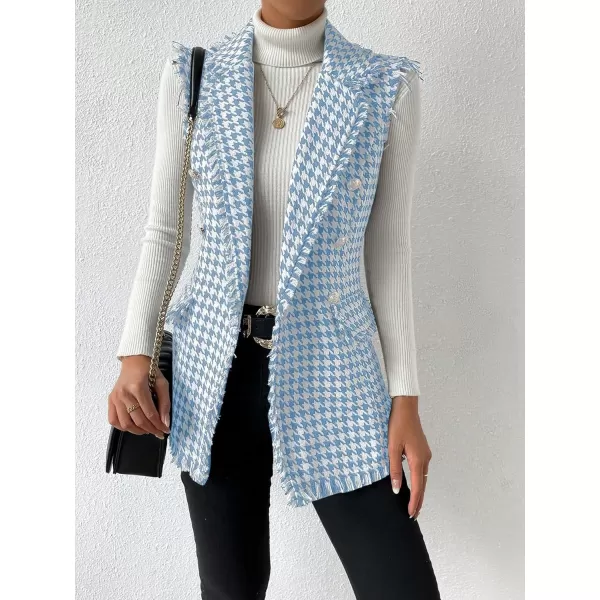 WDIRARA Women's Houndstooth Print Sleeveless Lapel Raw Trim Button Front Long Vest Jacket