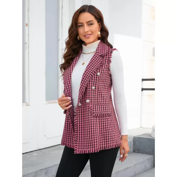WDIRARA Women's Houndstooth Print Sleeveless Lapel Raw Trim Button Front Long Vest Jacket