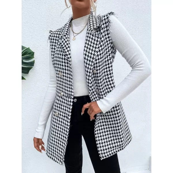 WDIRARA Women's Houndstooth Print Sleeveless Lapel Raw Trim Button Front Long Vest Jacket