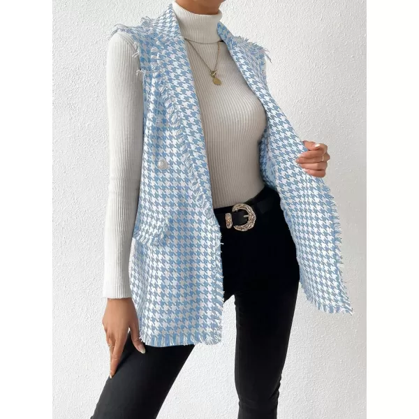 WDIRARA Women's Houndstooth Print Sleeveless Lapel Raw Trim Button Front Long Vest Jacket