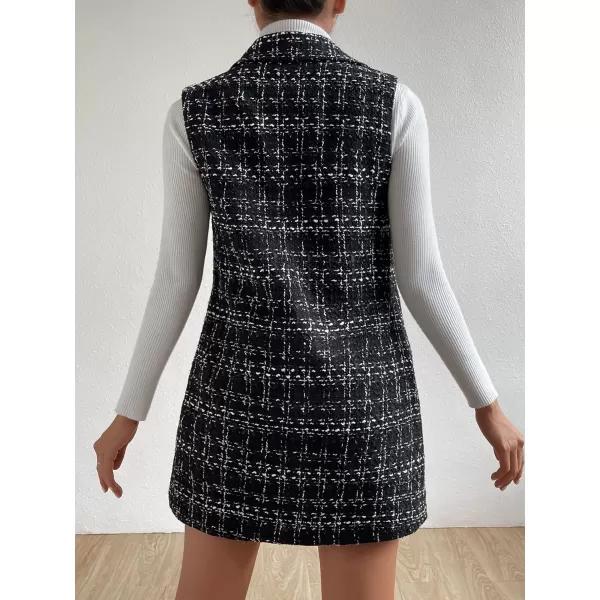 WDIRARA Women's Houndstooth Print Sleeveless Lapel Raw Trim Button Front Long Vest Jacket
