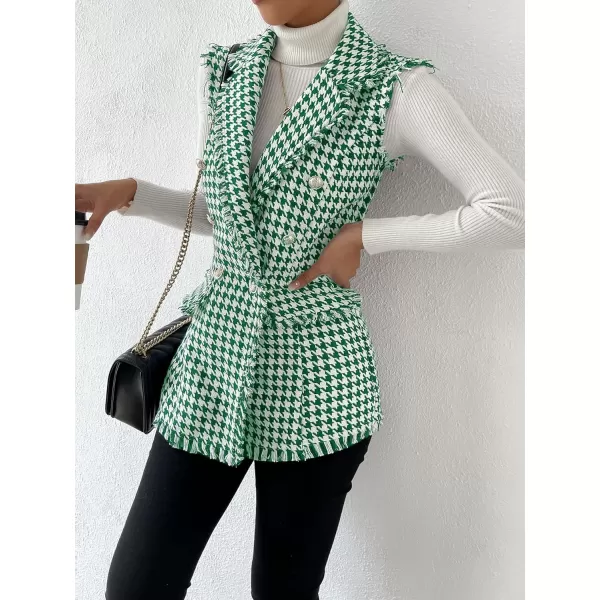 WDIRARA Women's Houndstooth Print Sleeveless Lapel Raw Trim Button Front Long Vest Jacket