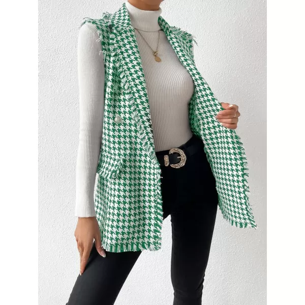 WDIRARA Women's Houndstooth Print Sleeveless Lapel Raw Trim Button Front Long Vest Jacket