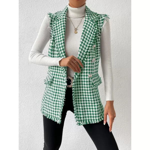 WDIRARA Women's Houndstooth Print Sleeveless Lapel Raw Trim Button Front Long Vest Jacket